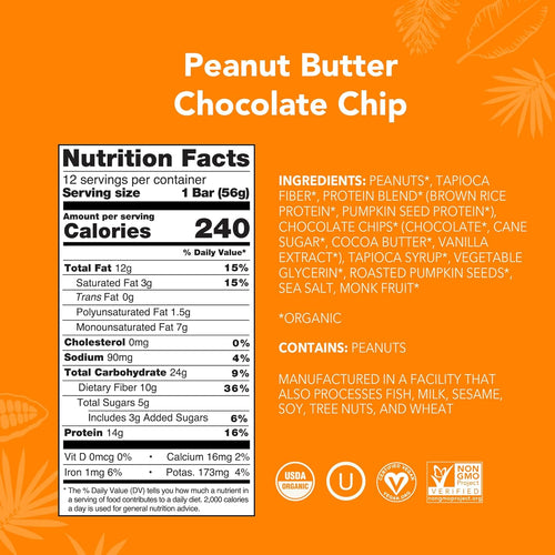 ALOHA Organic TLant Based Protein Bars |Peanut Butter Chocolate Chip | 1.98 Oz (Pack of 12) | Vegan, Low Sugar, Gluten Free, Paleo, Low Carb, Non-GMO, Stevia Free, Soy Free, No Sugar Alcohols