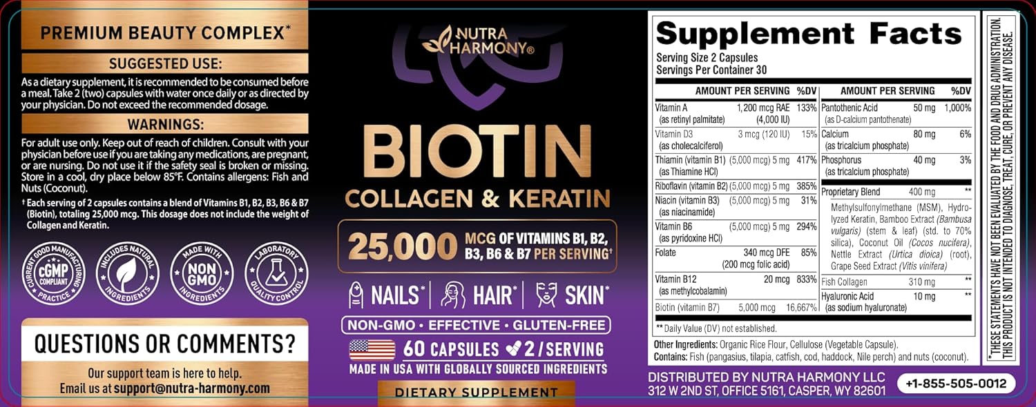 NUTRAHARMONY Biotin | Collagen | Hyaluronic Acid | Keratin - Support Normal Hair Growth Cycle - Skin & Nails - 25000mcg Vitamins B1, B2, B3, B6 & B7 - for Women & Men - Made in USA | 60 Capsules