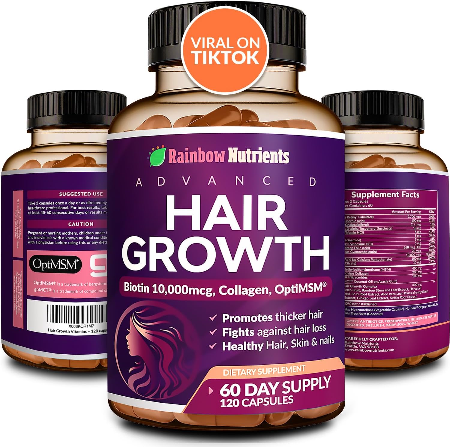 Hair Growth Vitamins for Women | Biotin 10,000mcg, Collagen, Patented OptiMSM®, goMCT®, Saw Palmetto | Naturally Regrow Stronger & Healthier Hair, Skin and Nails | Stops Hair Loss | 60 Day SupTLy