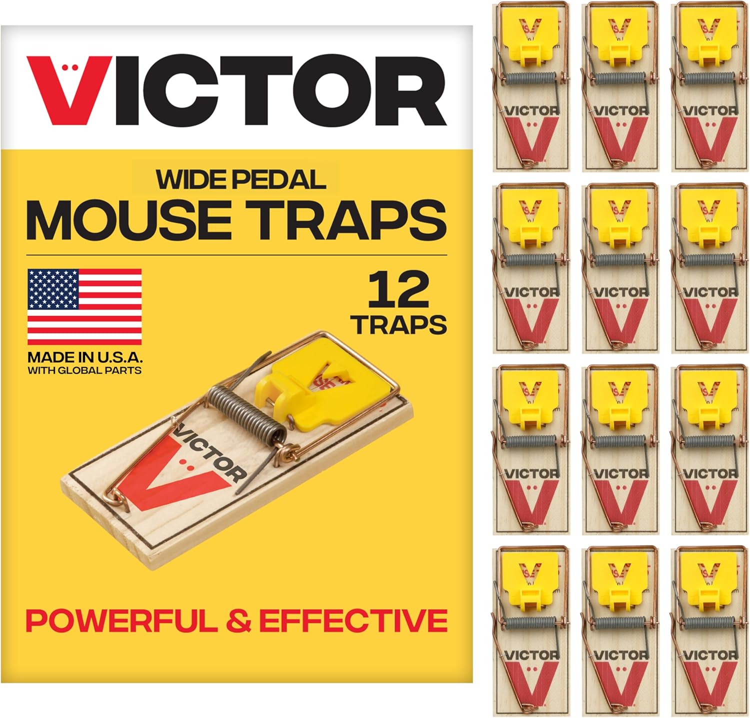 Victor Mouse Traps M035-12, TLastic Pedal, Sustainably Sourced FSC Wood, Wooden Mouse Traps, 12 Pack