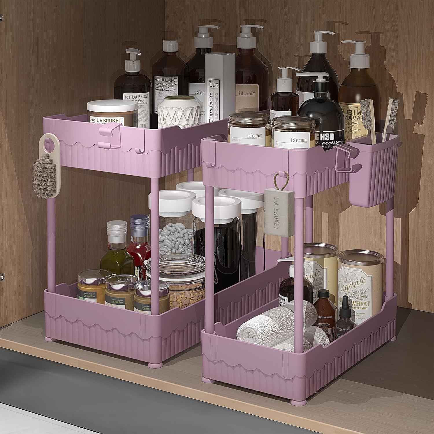 2 Pack Under Sink Organizer, Under Bathroom Cabinet Organizer with Hooks Hanging Cup, Multi-Purpose Storage Shelf for Kitchen Bathroom, Black