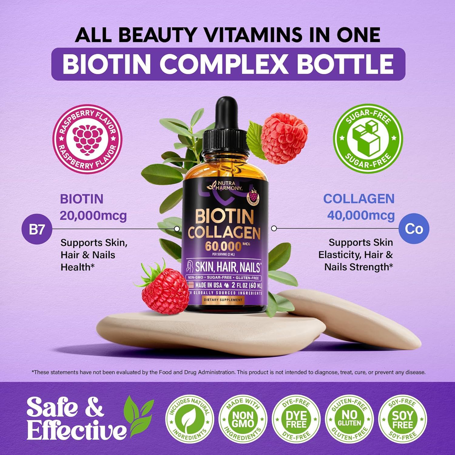 Liquid Biotin & Collagen 60,000 mcg - Vitamins for Hair Growth Support - Extra Strength Drops for Women & Men - Liquid Collagen SupTLement - Strong Nails & Healthy Skin - Made in USA - 2 Fl Oz