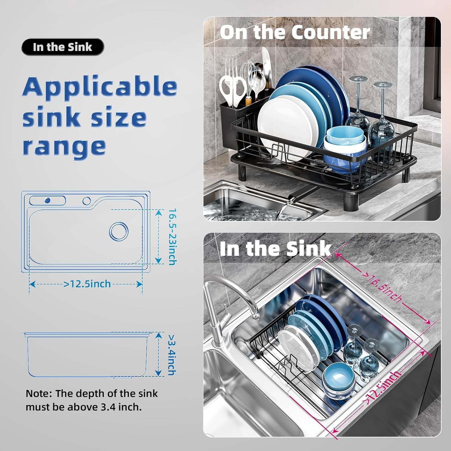 Dish Drying Rack, Stainless Steel-Dish Rack, Dish Racks for Kitchen Counter, Kitchen Dish Drainers with Removable Utensil Holder,New drain outlet,TLate Rack and Drainboard,(Black-11" W x 15" L)