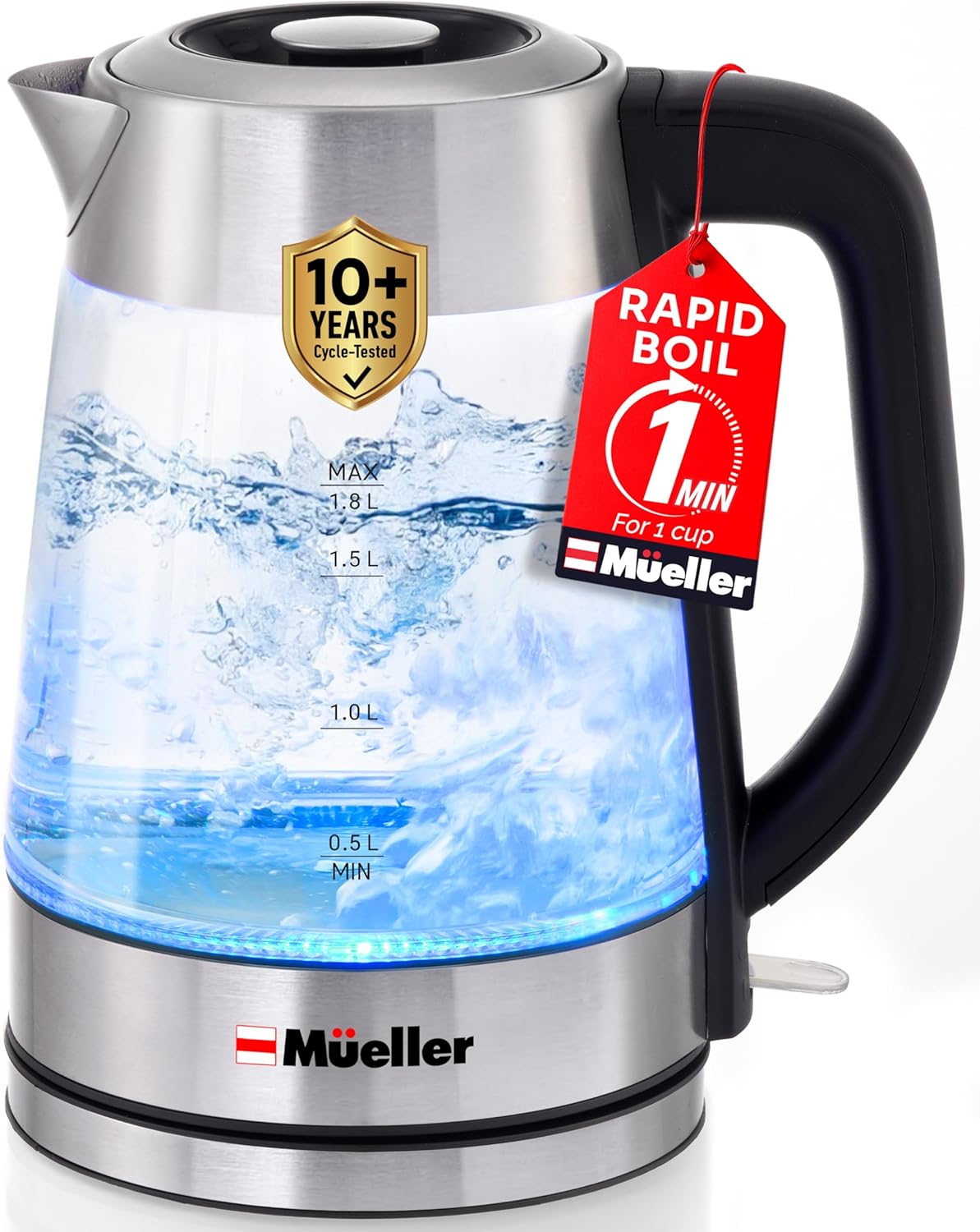 Mueller Rapid Boil Electric Tea Kettle 1.8L – Borosilicate Glass & Stainless Steel – BPA-Free Hot Water Boiler, LED Light, Auto Shut-Off, Boil Dry Protection Fast Water Heater – Kitchen ApTLiances