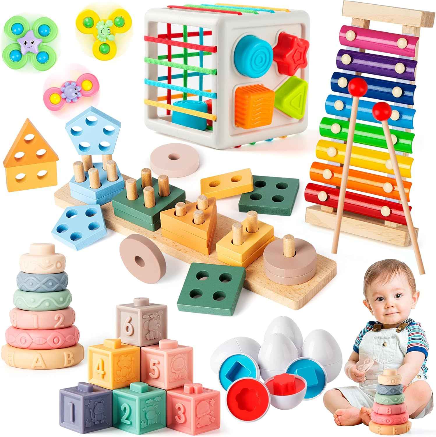6-in-1 Baby Toys 6 to 12 Months, Montessori Toys for Babies 6-12-18 Months, Infant Teething Toy Stacking Blocks Rings Sensory Bin, Sorting Sensory Educational Learning Gift for Toddlers Aged 1-3