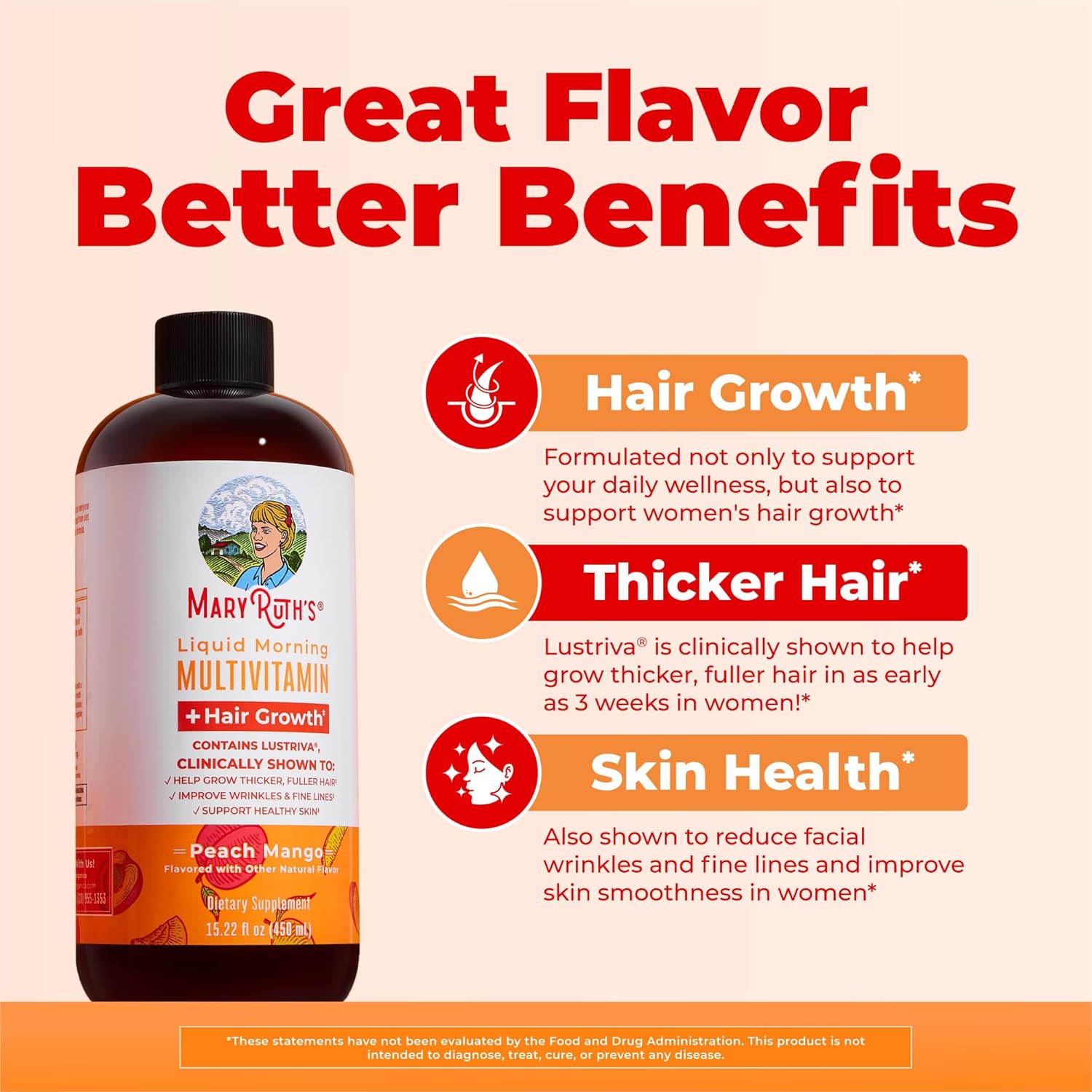MARYRUTH'S Liquid Multivitamin+Hair Growth | Biotin 10000mcg | Lustriva Hair Growth SupTLement | Clinically Tested in Women for Thicker Hair&Facial Wrinkle | Skin Care | Ages 18+ | 15.22 Fl Oz