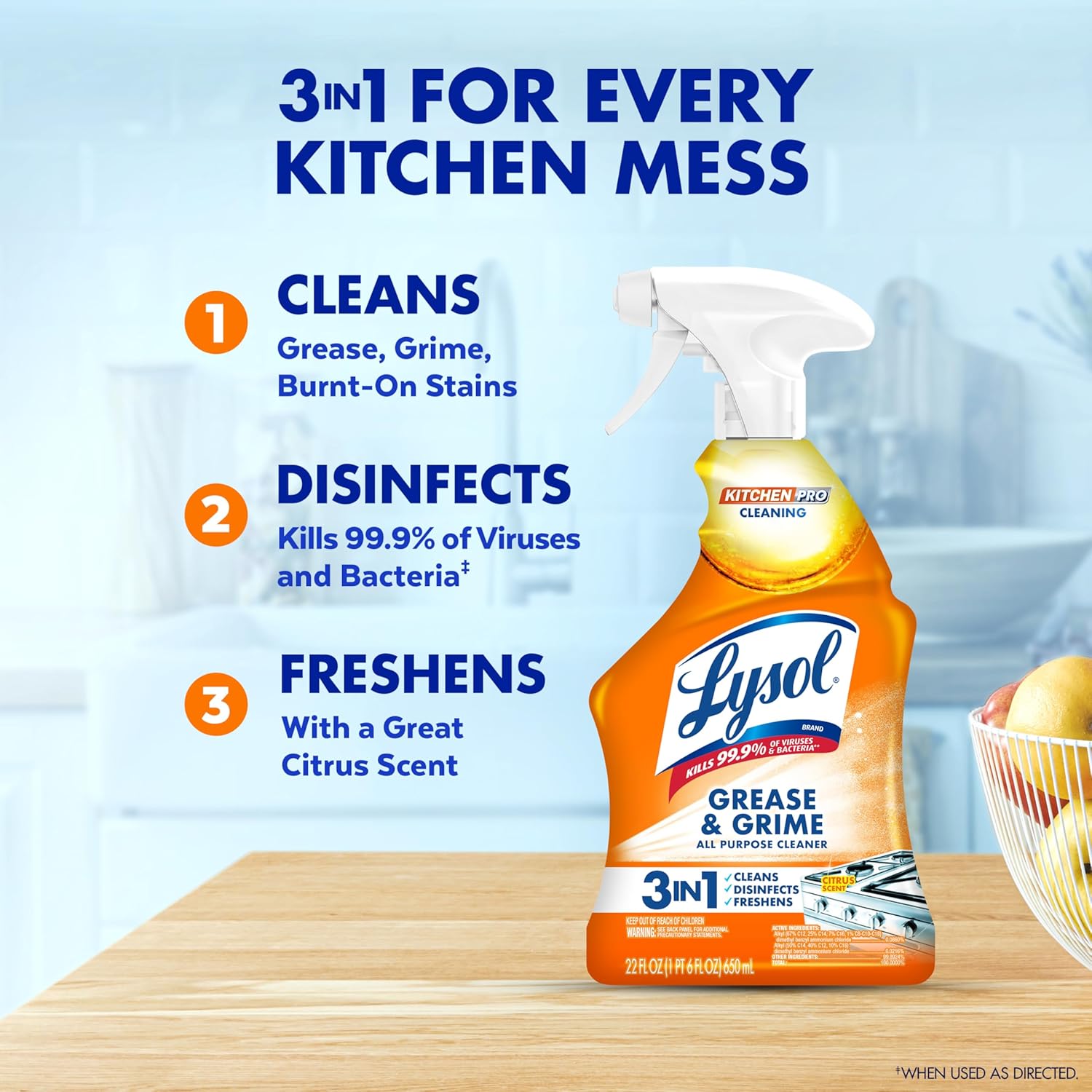 Lysol Pro Kitchen Spray Cleaner and Degreaser, Antibacterial All Purpose Cleaning Spray for Kitchens, Countertops, Ovens, and ApTLiances, Citrus Scent, 22oz