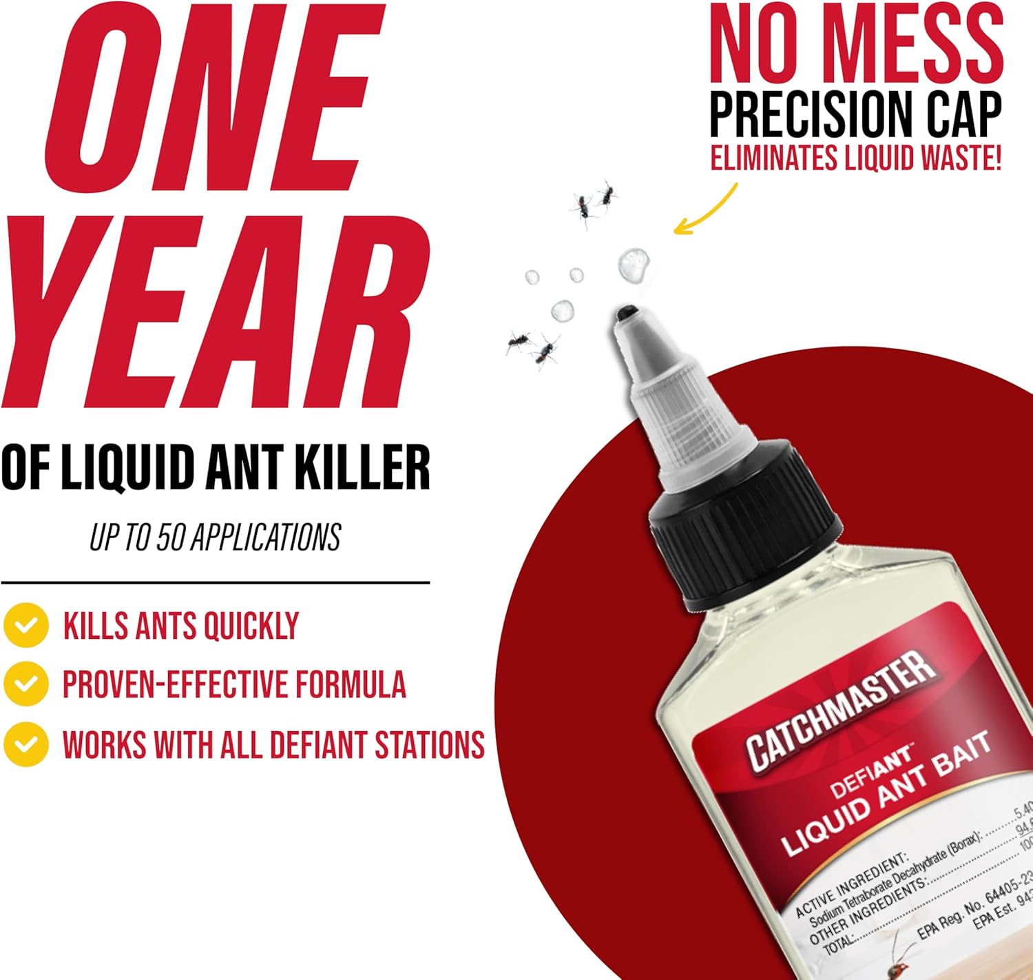 Catchmaster DEFIANT Premium Liquid Ant Killer, 1-Year SupTLy, Kills the Queen and Colony, No Mess Precision Bottle, Reusable Ant Traps Indoor & Outdoor, Pest Control Traps, Made in USA