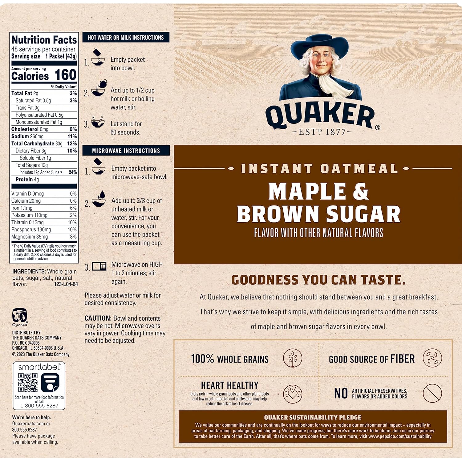 Quaker Instant Oatmeal, MaTLe & Brown Sugar, Individual Packets, 1.51 Ounce (Pack of 48)