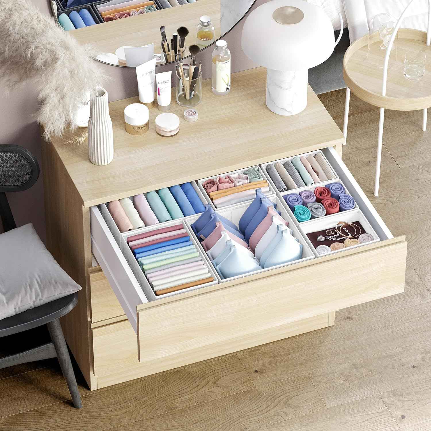 Drawer Organizer Clothes Set of 12 White-Grey - Dresser Organizer For Nursery, Bedroom, Closet - Perfect Baby Clothes Organizer and Storage & General Nursery Organization or Dresser Drawer Organizers