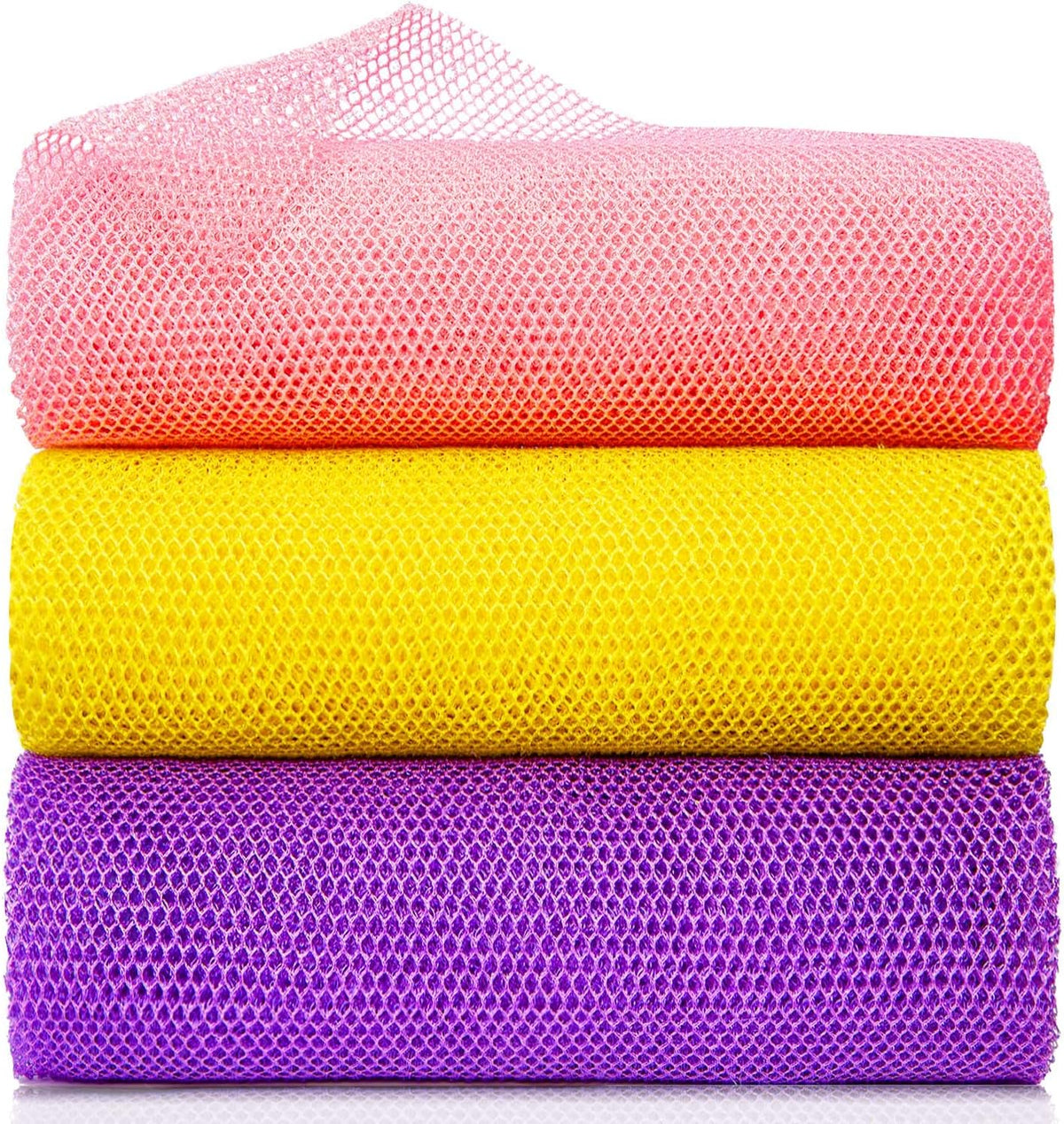 3 pieces premium nylon african bath sponge set, yellow pink purple, exfoliating net wash scrubber