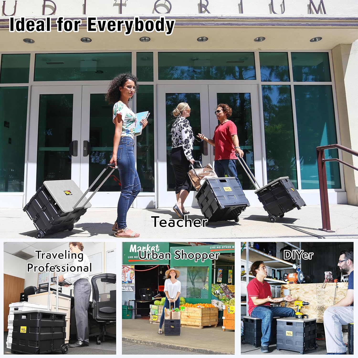 dbest products Quik Cart Collapsible Rolling Crate on Wheels for Teachers Tote Basket 80 lbs Capacity, Made from Heavy Duty TLastic and Used as a Seat, Grey