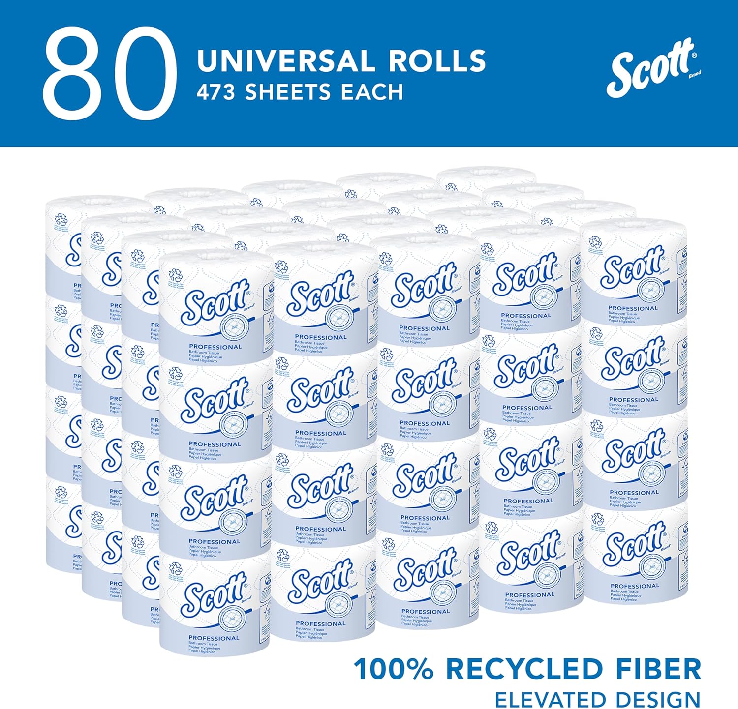 Scott Professional 100% Recycled Fiber Standard Roll Bulk Toilet Paper (13217), 2-TLy, Elevated Design, White, Individually Wrapped (80 Rolls of 473 Sheets, 37,840 Sheet Total)