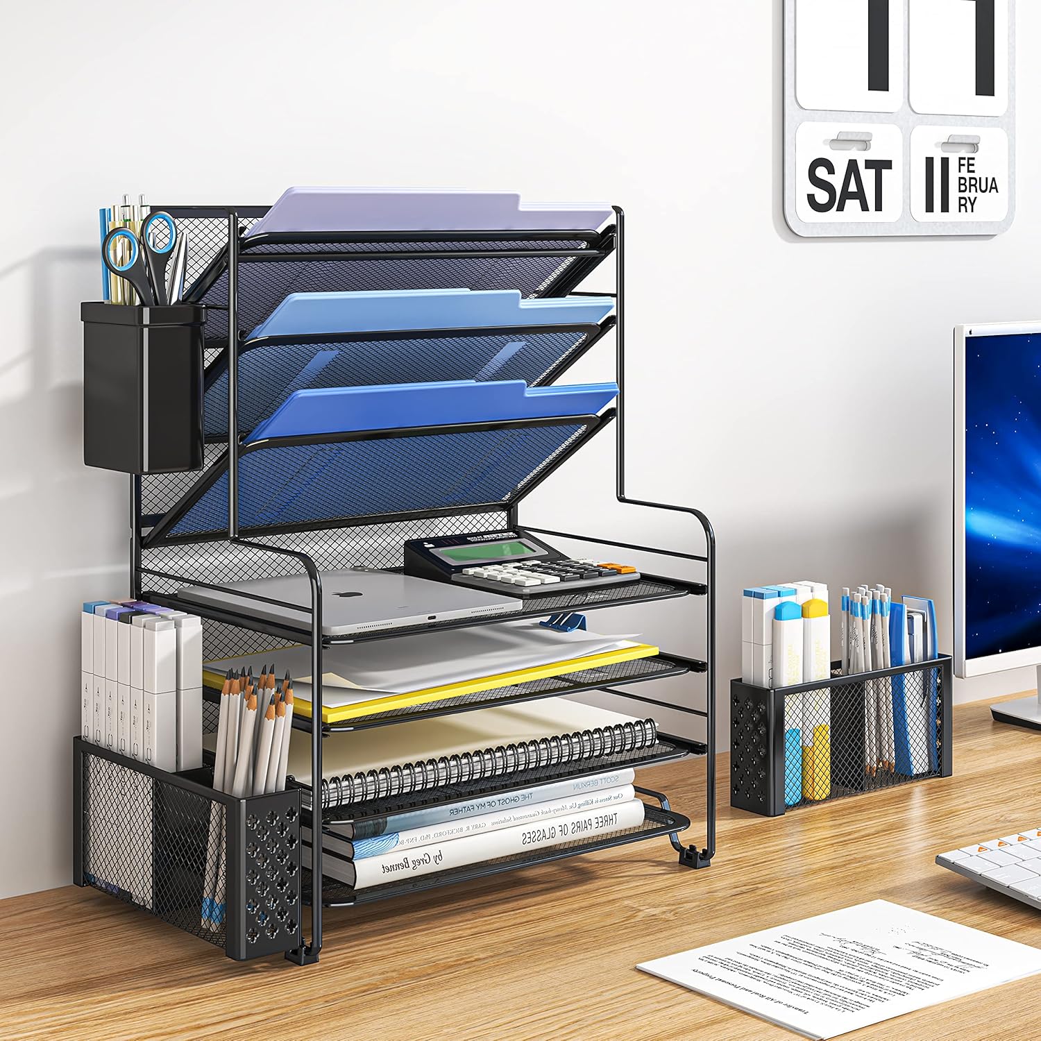 SimTLe Trending 7 Tier Desk File Organizer, Letter Tray Paper Organizer with Pen Holder and Metal Hanging Basket, Black
