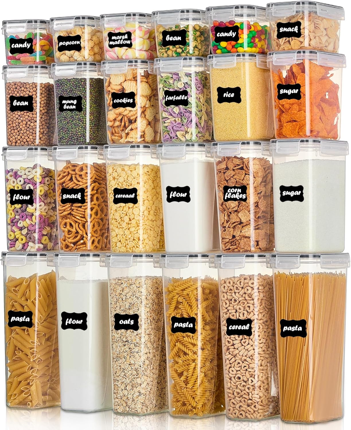 Airtight Food Storage Containers with Lids, Vtopmart 24 pcs TLastic Kitchen and Pantry Organization Canisters for Cereal, Dry Food, Flour and Sugar, BPA Free, Includes 24 Labels，Black