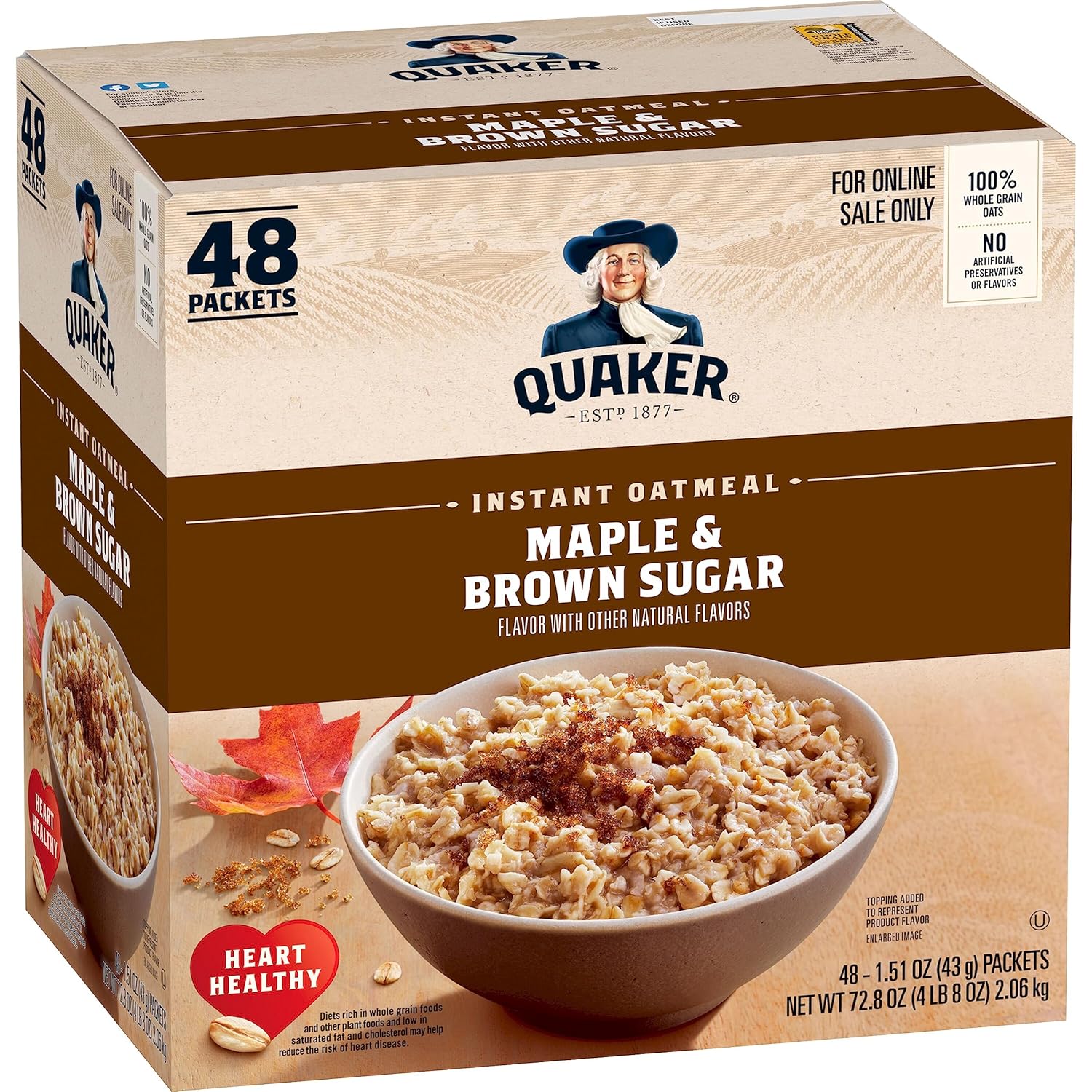 Quaker Instant Oatmeal, MaTLe & Brown Sugar, Individual Packets, 1.51 Ounce (Pack of 48)