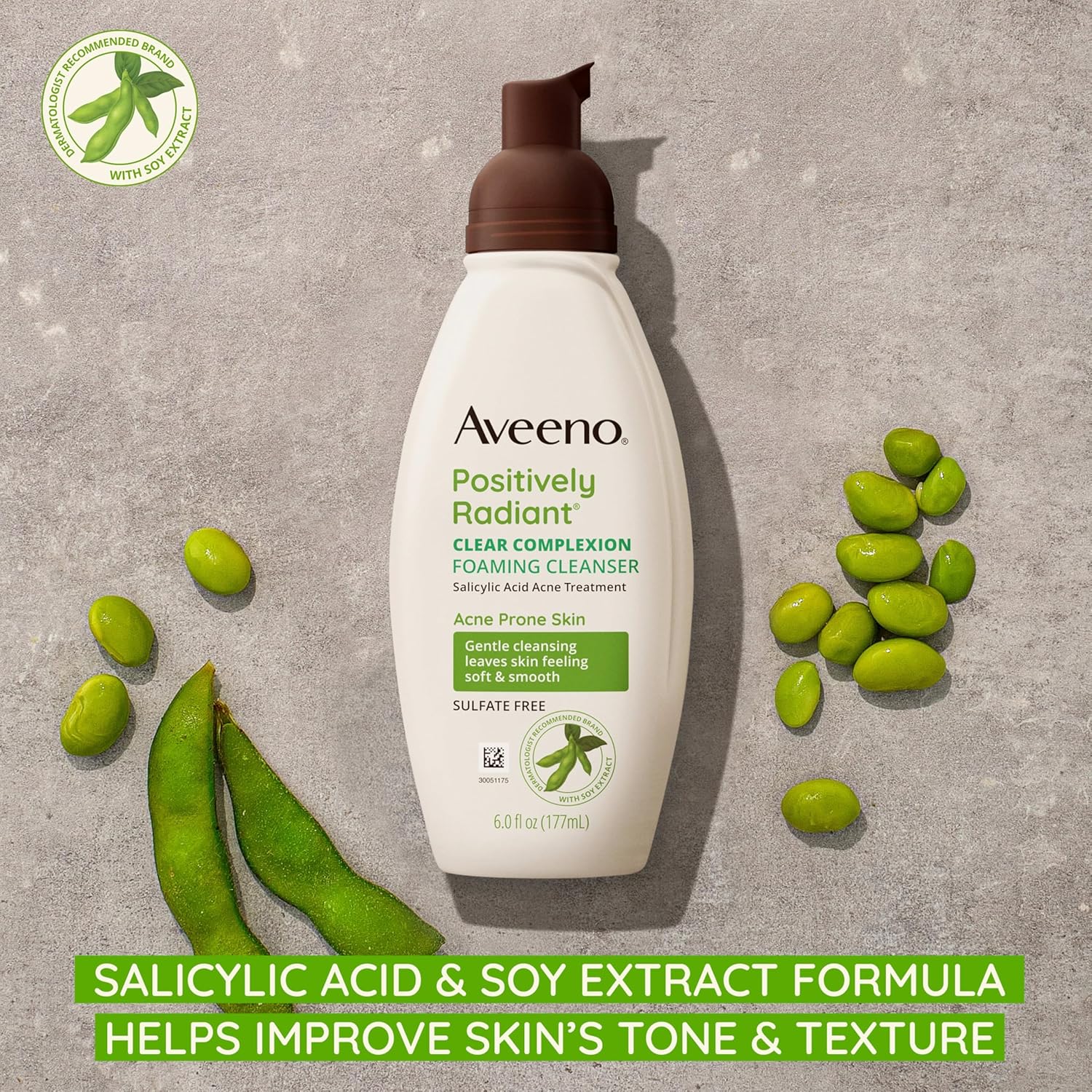 Aveeno Clear ComTLexion Foaming Oil-Free Facial Cleanser with Soy Extract & 0.5% Salicylic Acid, Acne Treatment Face Wash for Acne-Prone Skin, Sulfate-Free & Hypoallergenic, 6 fl. oz