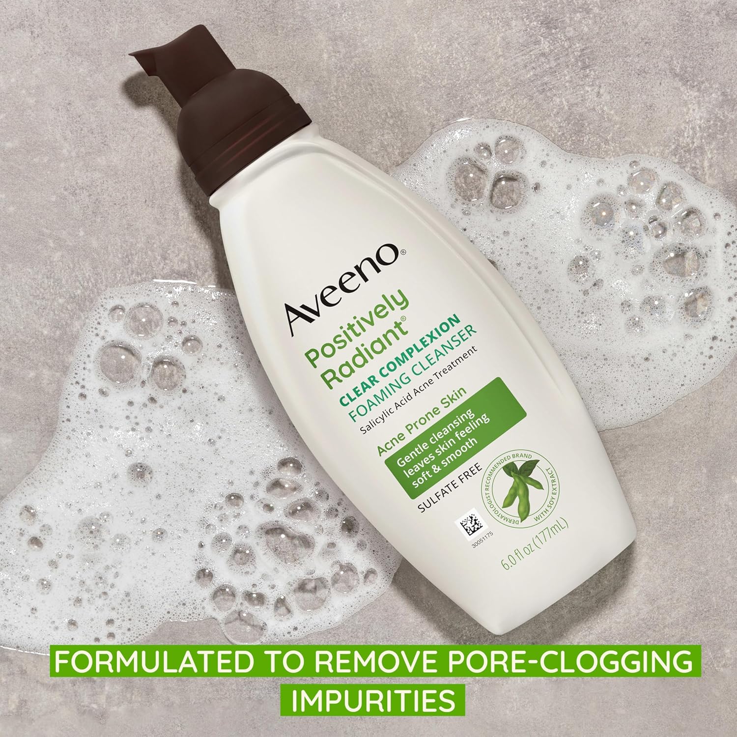 Aveeno Clear ComTLexion Foaming Oil-Free Facial Cleanser with Soy Extract & 0.5% Salicylic Acid, Acne Treatment Face Wash for Acne-Prone Skin, Sulfate-Free & Hypoallergenic, 6 fl. oz