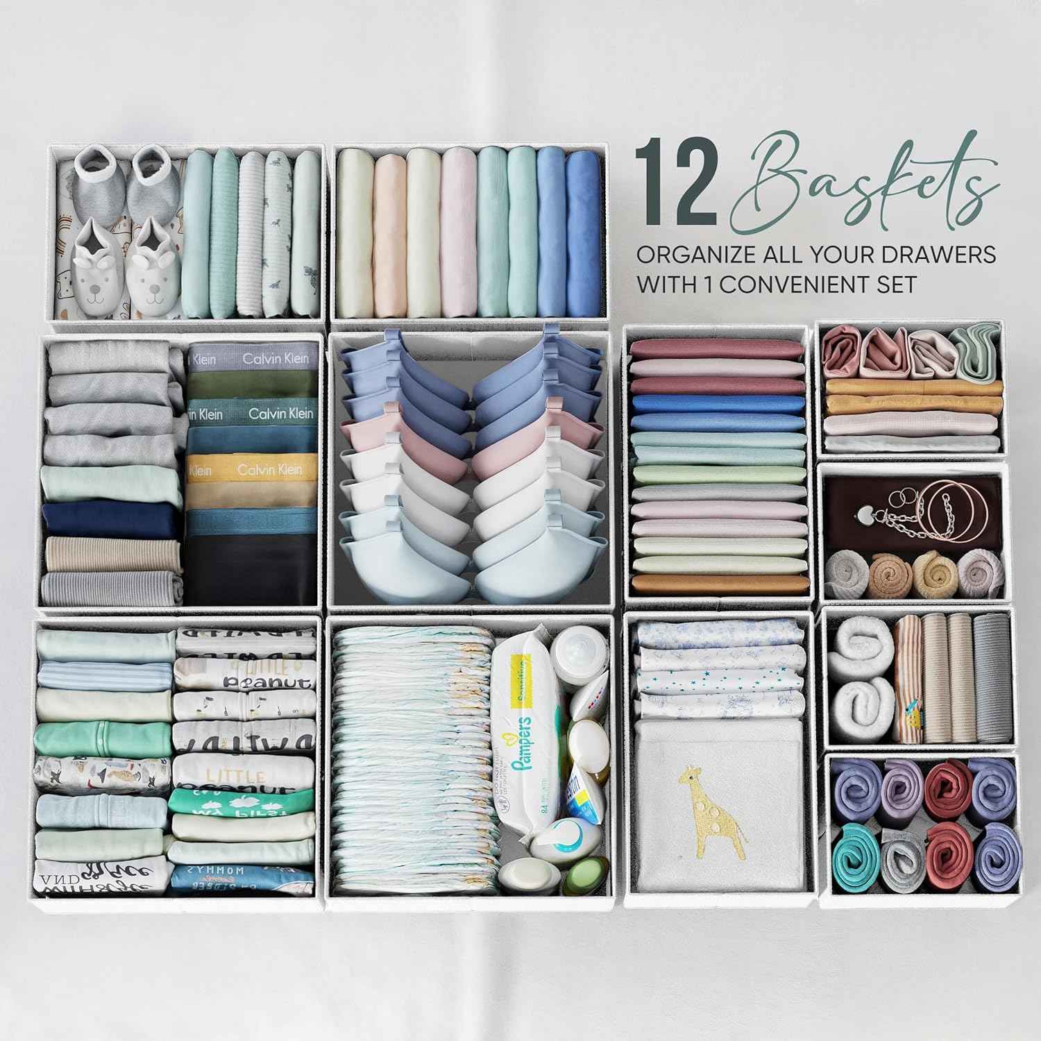 Drawer Organizer Clothes Set of 12 White-Grey - Dresser Organizer For Nursery, Bedroom, Closet - Perfect Baby Clothes Organizer and Storage & General Nursery Organization or Dresser Drawer Organizers