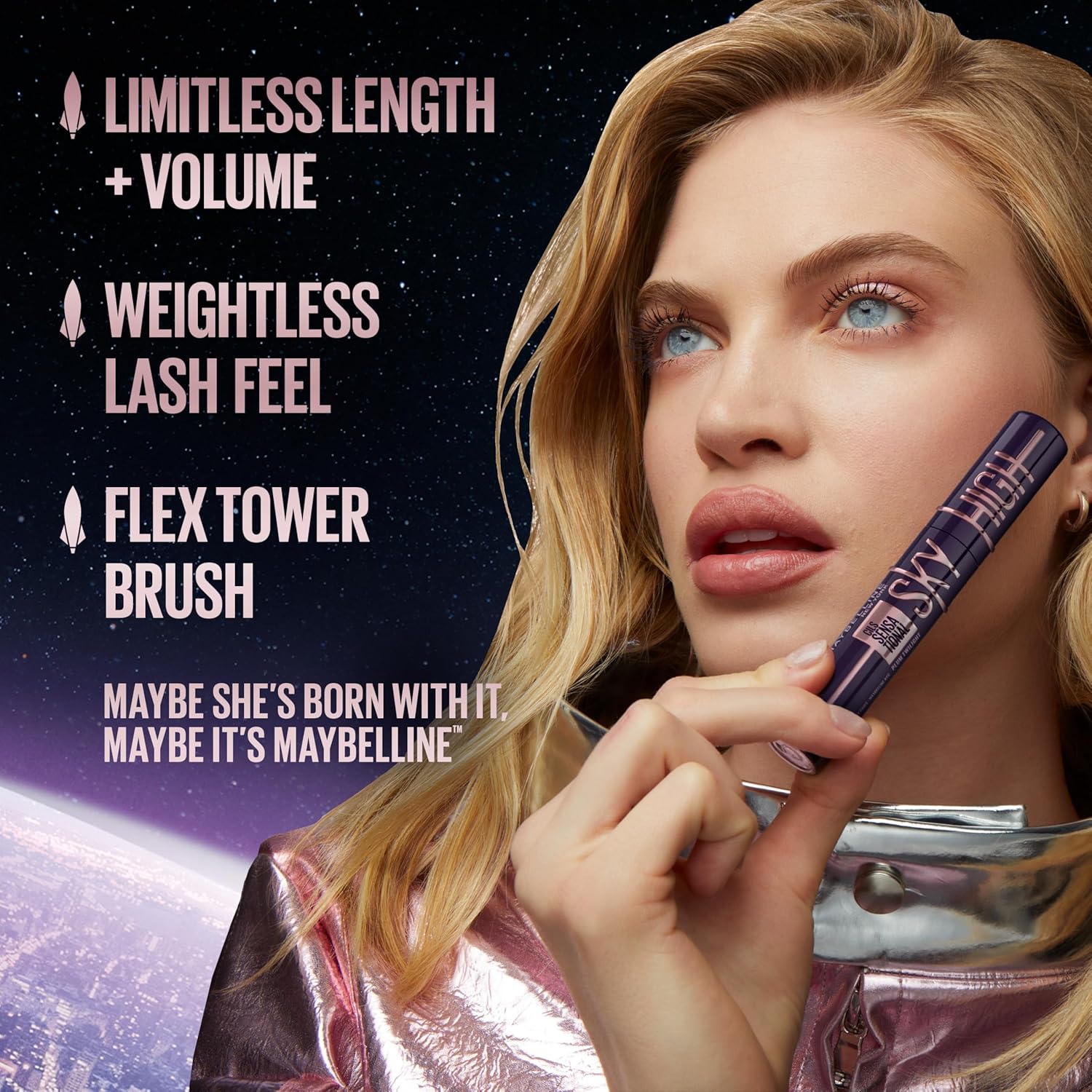 Maybelline Lash Sensational Sky High Washable Mascara Makeup, Volumizing, Lengthening, Defining, Curling, MultiTLying, Buildable Formula, Blackest Black, 1 Count