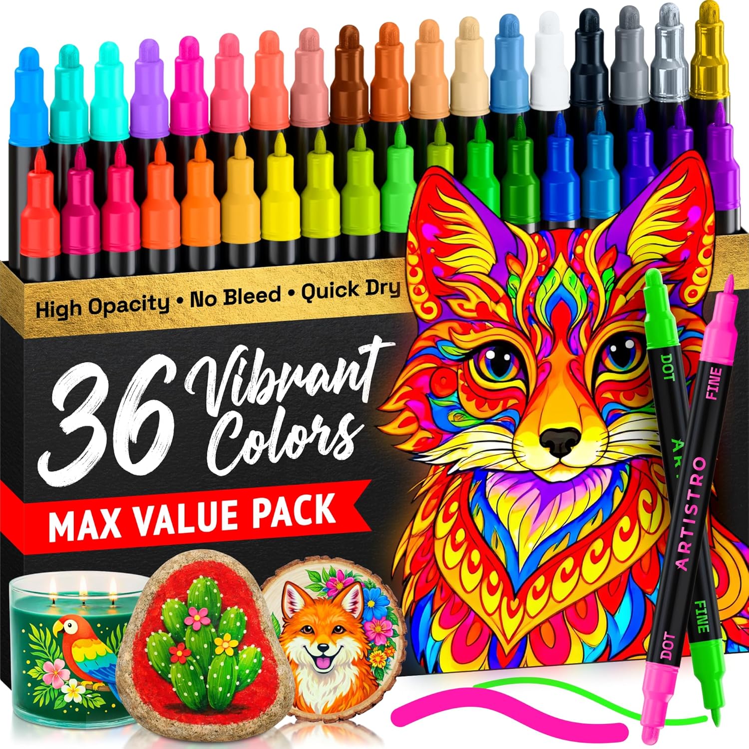 ARTISTRO 36 Precision Dual-Tip Acrylic Paint Markers – Paint Pens Set with Dot & Fine Tips for Fabric, Rock, Glass, Wood, Coloring Books – Classroom & Art SupTLies Gift – Teacher Appreciation Gift