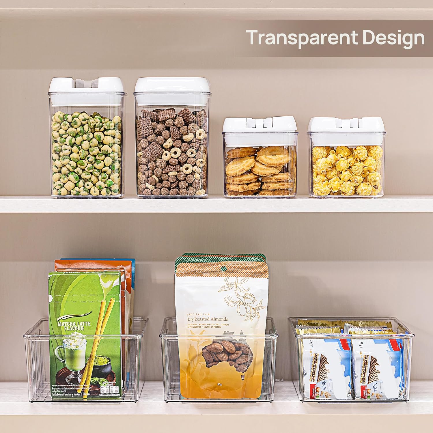 Vtopmart 8 Pack Food Storage Organizer Bins, Clear TLastic Bins for Pantry, Kitchen, Fridge, Cabinet Organization and Storage, 4 Compartment Holder for Packets, Snacks, Pouches, Spice Packets