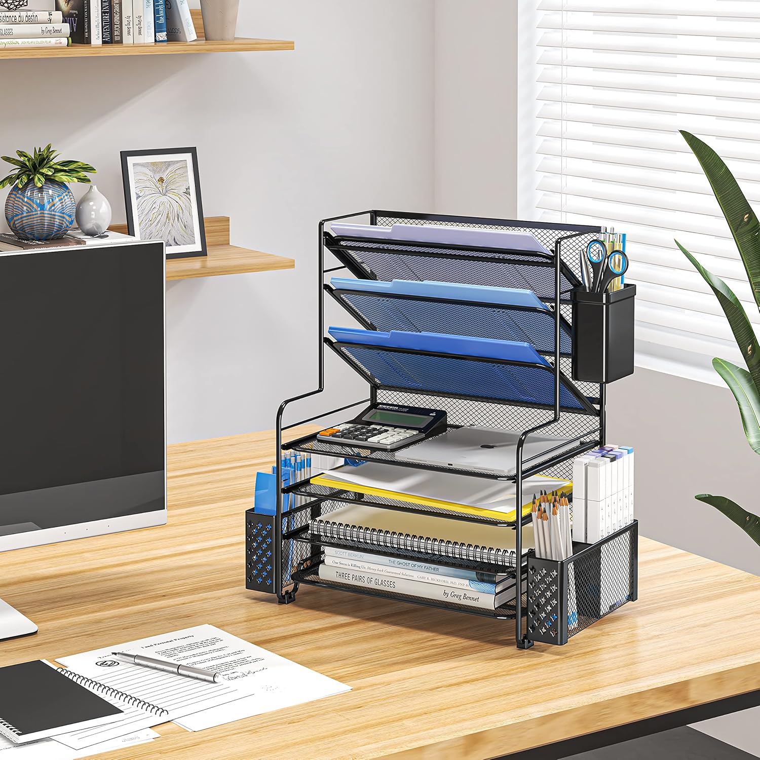 SimTLe Trending 7 Tier Desk File Organizer, Letter Tray Paper Organizer with Pen Holder and Metal Hanging Basket, Black